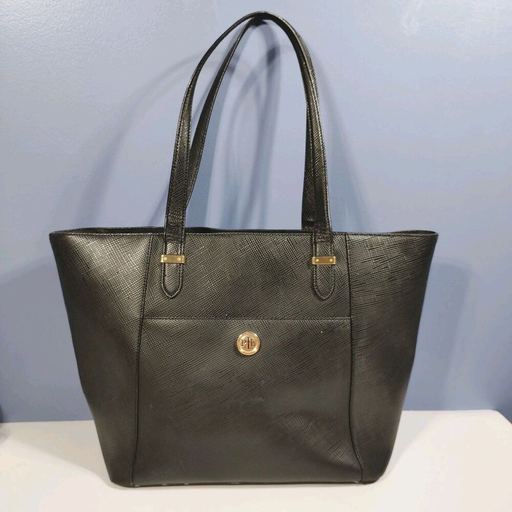 Ralph Lauren LRL Crosshatch Leather Medium Clare Tote Shoulder Bag Black Texture